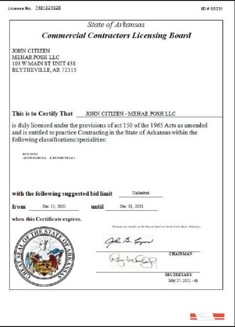 USA Arkansas Commercial Contractors License